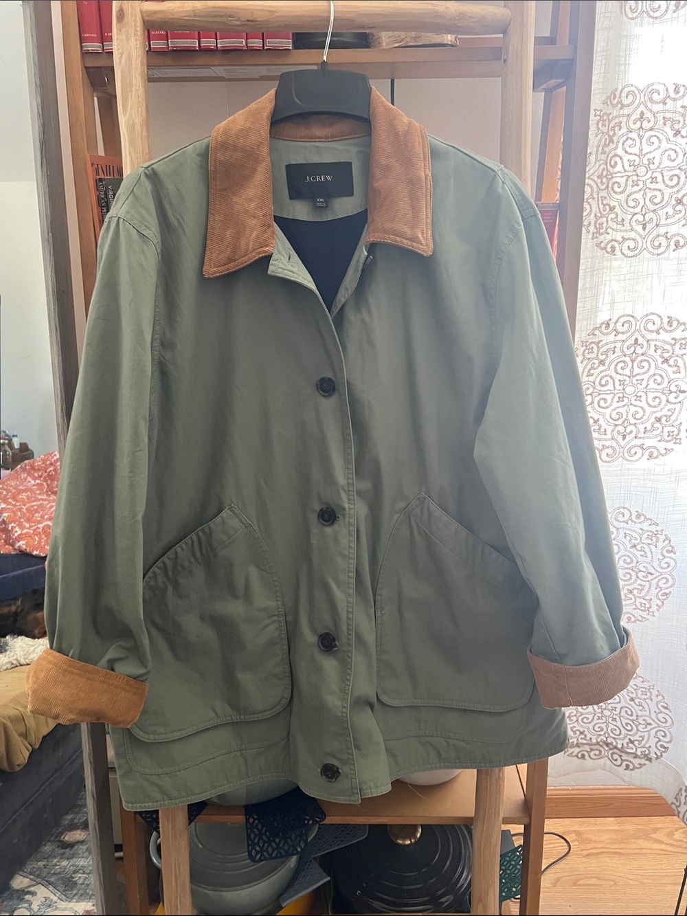 J. Crew Olive Utility Jacket with Tan Corduroy Collar